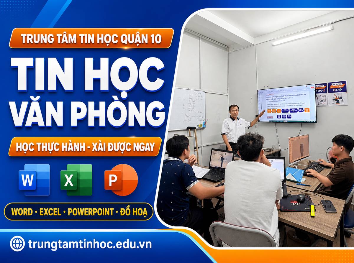 Phòng học tin học tại Quận 10 với học viên đang thực hành
